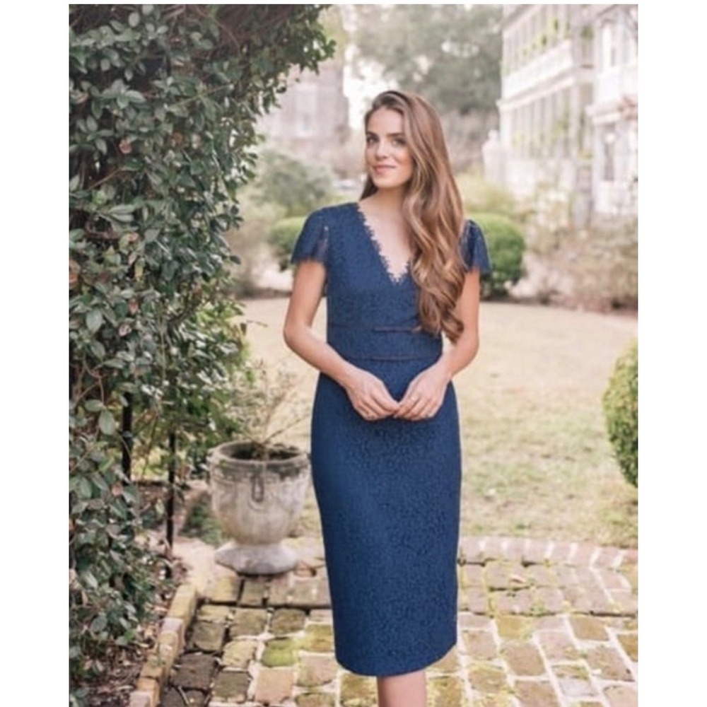 Gal Meets Glam Ginger Rosebud Blue Floral Lace Sheath Midi Dress Size 6